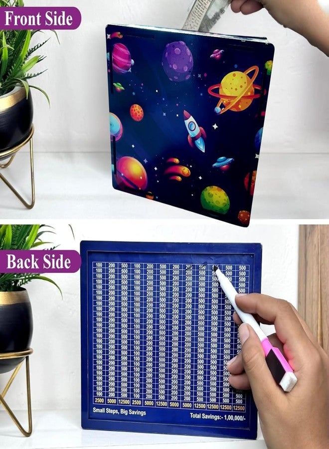 بلس بوينت صندوق توفير خشبي بتصميم فضائي من بلس بوينت، مناسب للكبار والصغار | حصالة ذكية مزودة بجهاز تتبع | صندوق للعملات المعدنية والأوراق النقدية | صندوق للادخار المنزلي | هدية للرجال والنساء (تصميم فضائي) - Image 2